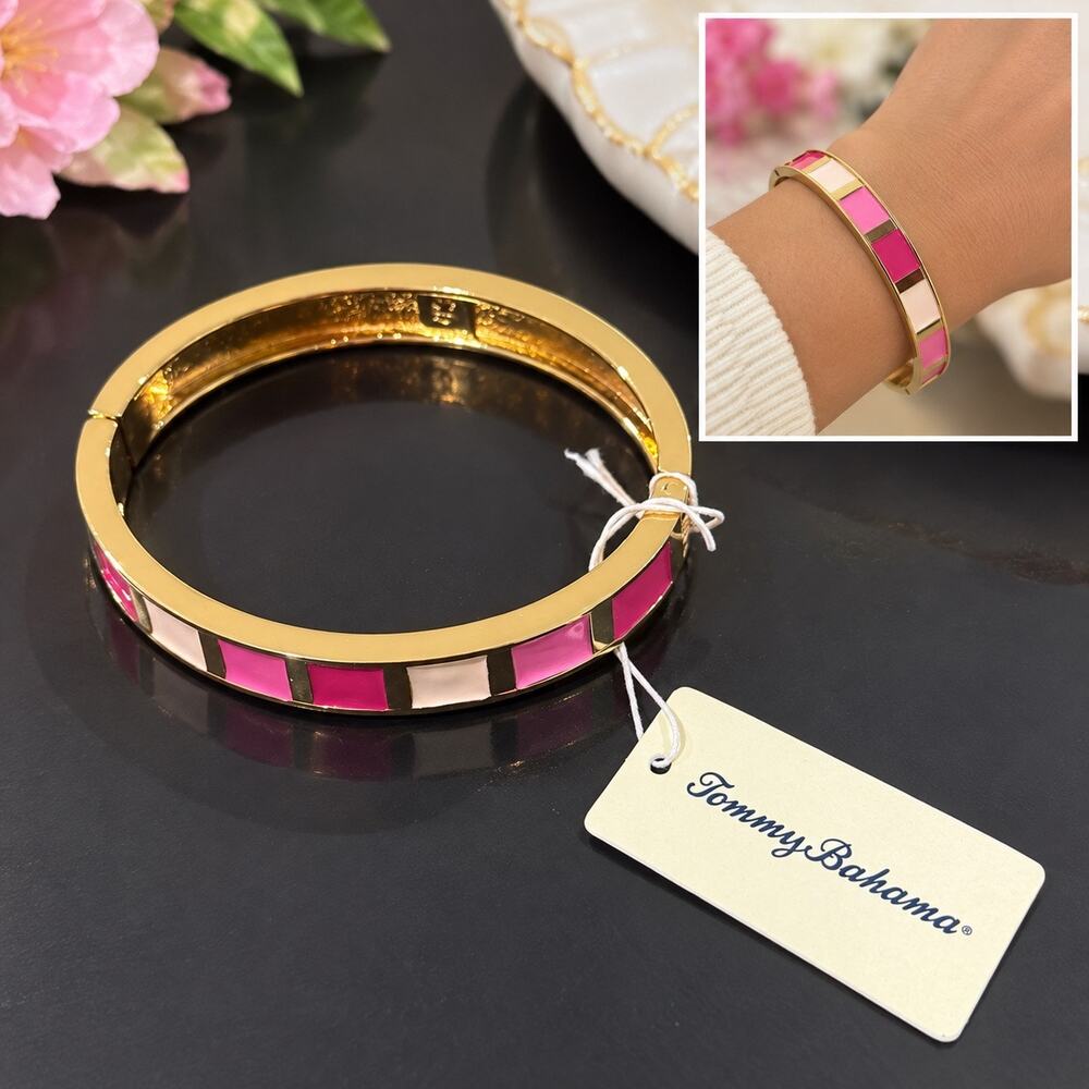 $39.50 Tommy Bahama Gold Tone Pink & White Enamel Bangle Bracelet NWT cute gift